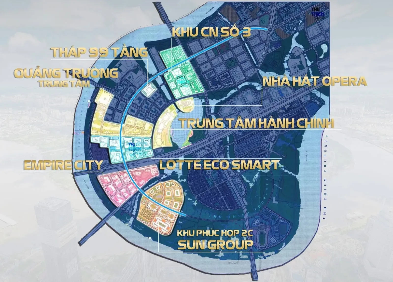 Bản đồ vị trí khu phức hợp 2C Sun Group trong bán đảo Thủ Thiêm cạnh Empire City, Lotte Eco Smart, Trung tâm Hành chính, tháp 99 tầng