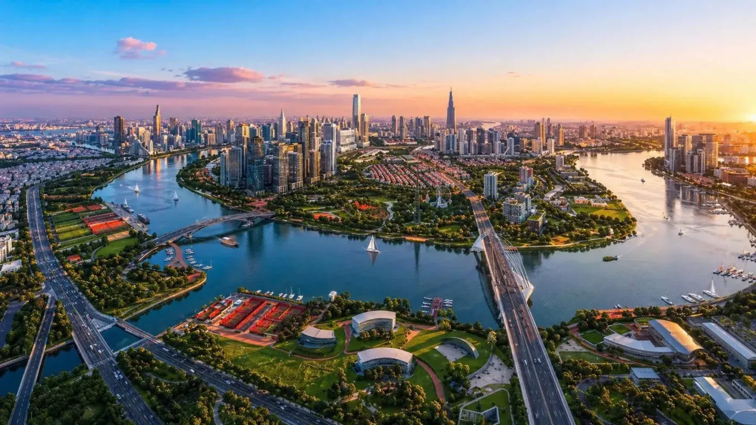 Phối cảnh bán đảo Thủ Thiêm lúc hoàng hôn nhìn về trung tâm Quận 1 và Landmark 81