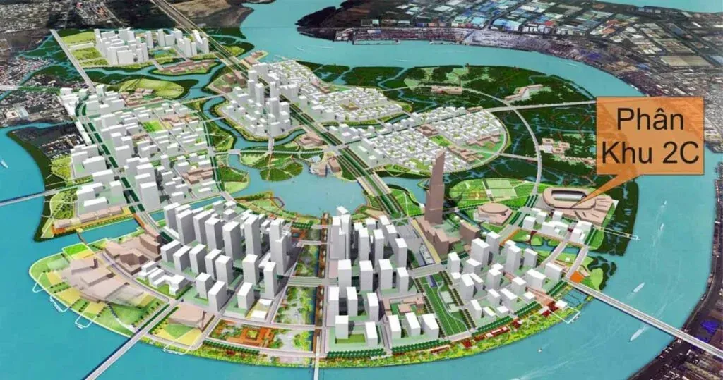 Mô hình 3D bán đảo Thủ Thiêm đánh dấu vị trí phân khu 2C nơi đặt tháp biểu tượng 69 tầng