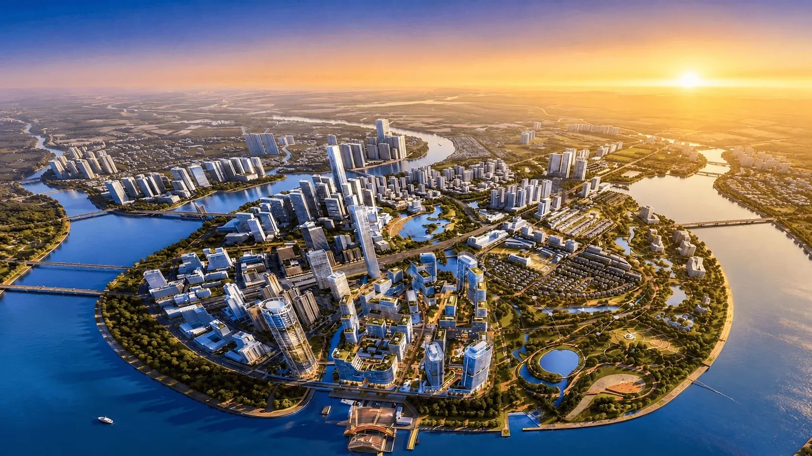 Phối cảnh tổng thể Sun Thủ Thiêm khu 2C ven sông Sài Gòn với tháp biểu tượng 69 tầng