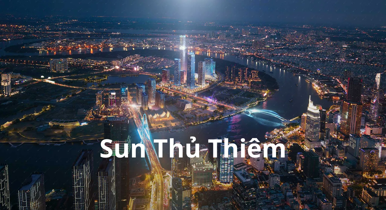 Skyline Thủ Thiêm về đêm với cụm tháp cao tầng bên sông Sài Gòn nhìn sang Quận 1