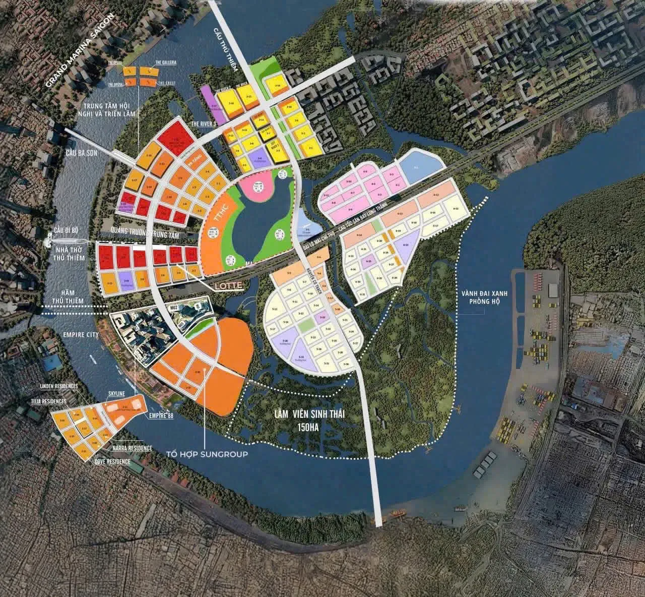 Sơ đồ phân khu Thủ Thiêm sau điều chỉnh: tổ hợp Sun Group khu 2C, lâm viên sinh thái 150ha, Empire City, Lotte