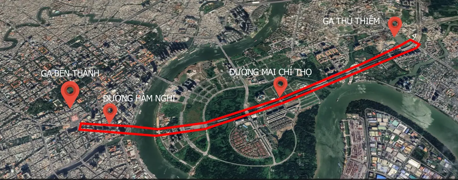 Sơ đồ tuyến metro số 2 đoạn Bến Thành - Thủ Thiêm qua ga Hàm Nghi, đường Mai Chí Thọ tới ga Thủ Thiêm