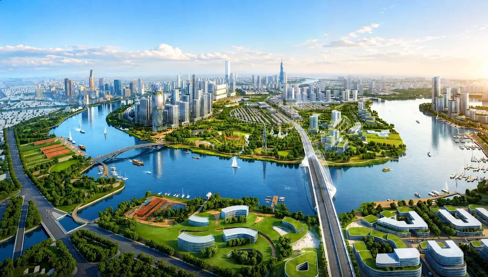 Toàn cảnh bán đảo Thủ Thiêm với cầu bắc qua sông Sài Gòn nối vào trung tâm thành phố